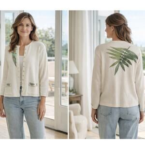 Vintage Palm Leaf Embroidered Snap Front Cardigan White Art to Wear Small